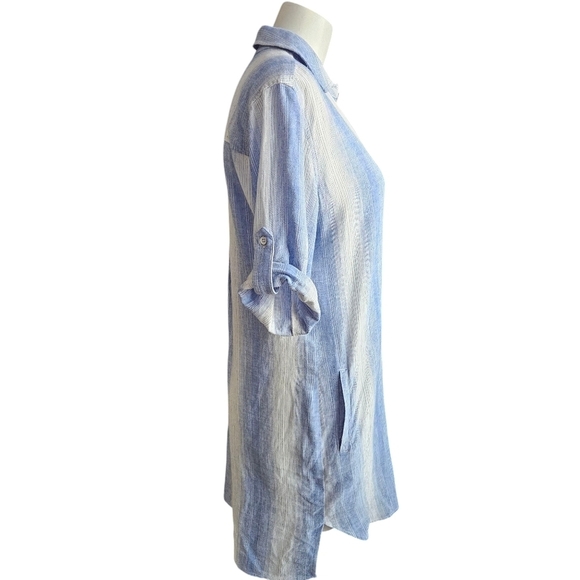 Bella Dahl Size Small Linen Blend A-Line Serene Sea Stripe Shirtdress Blue White - Picture 3 of 9